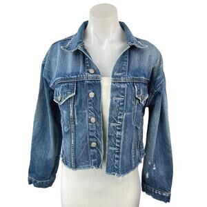 Boyish Blue Medium Wash Distressed Button Down Cropped Denim Jean Jacket Size M